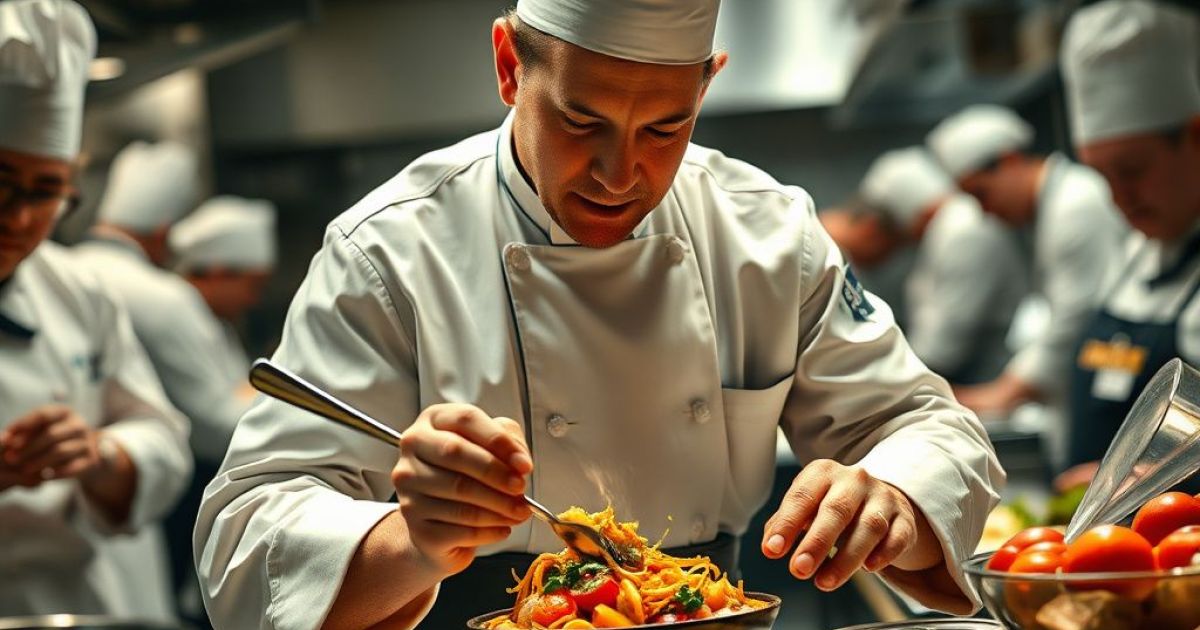 Chef cuisinier en train de dresser une assiette avec plusieurs commis autour de lui.