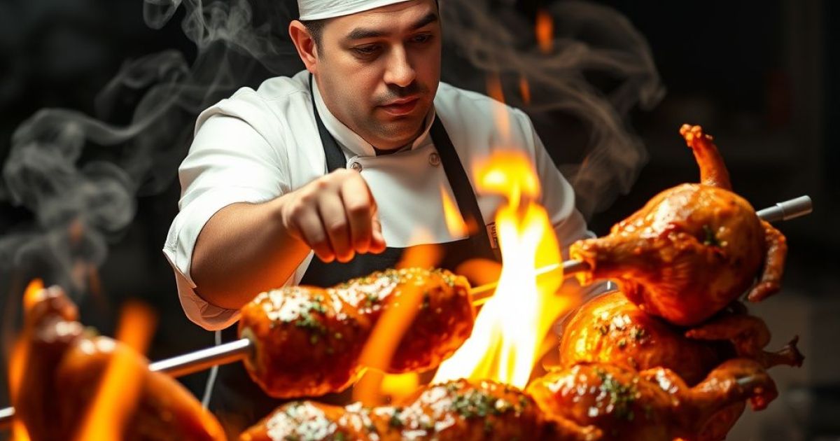 Rôtisseur en train d'assaisoner une broche sur le feu avec des poulets dessus