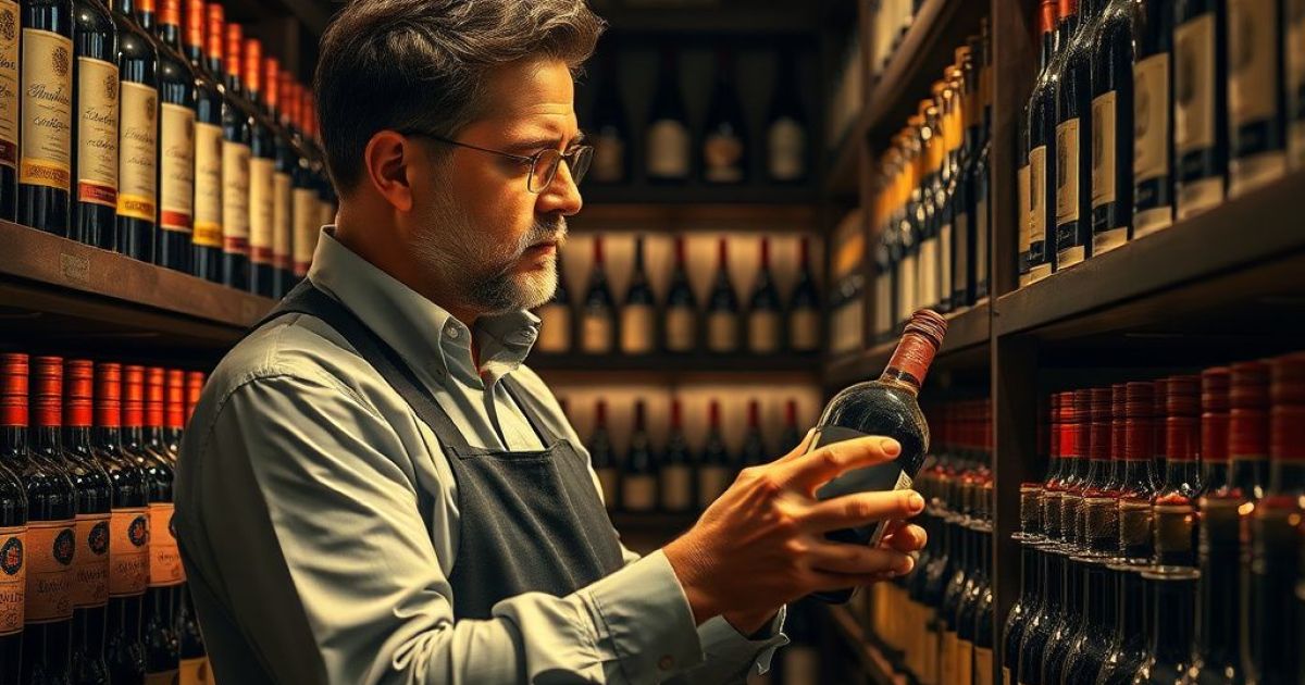 Caviste qui regarde ses bouteilles pour les ranger dans les rayons