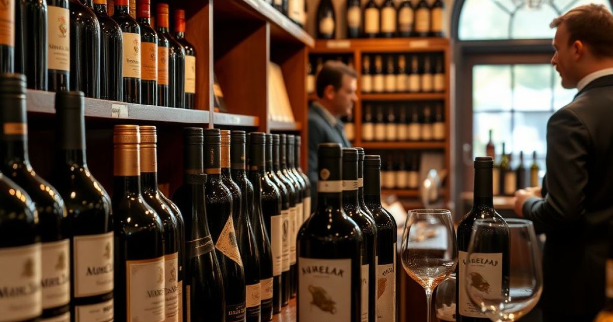 bouteilles de vin exposées dans une boutique avec des clients venant les acheter