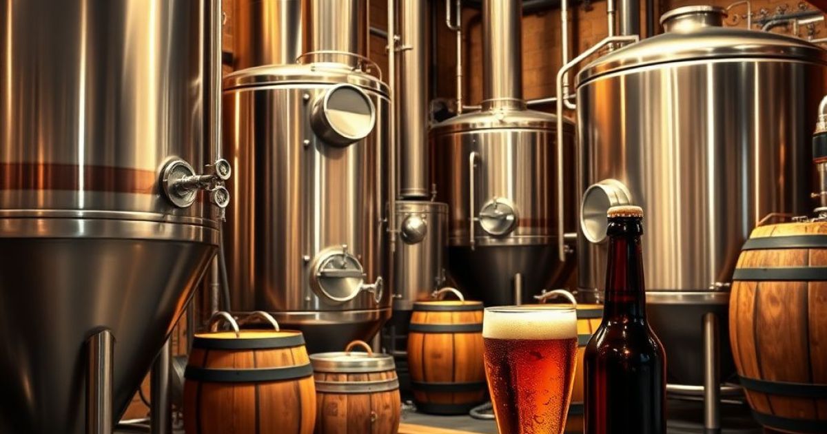 Plusierus cuve de brassage de bière entreposé dans un atelier avec des tonneaux et une pinte de bière en premier plan
