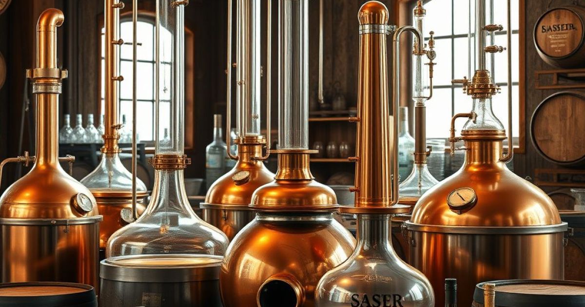 laboratoire avec de nombreuses cuves de distillation en cuivre et en verre.