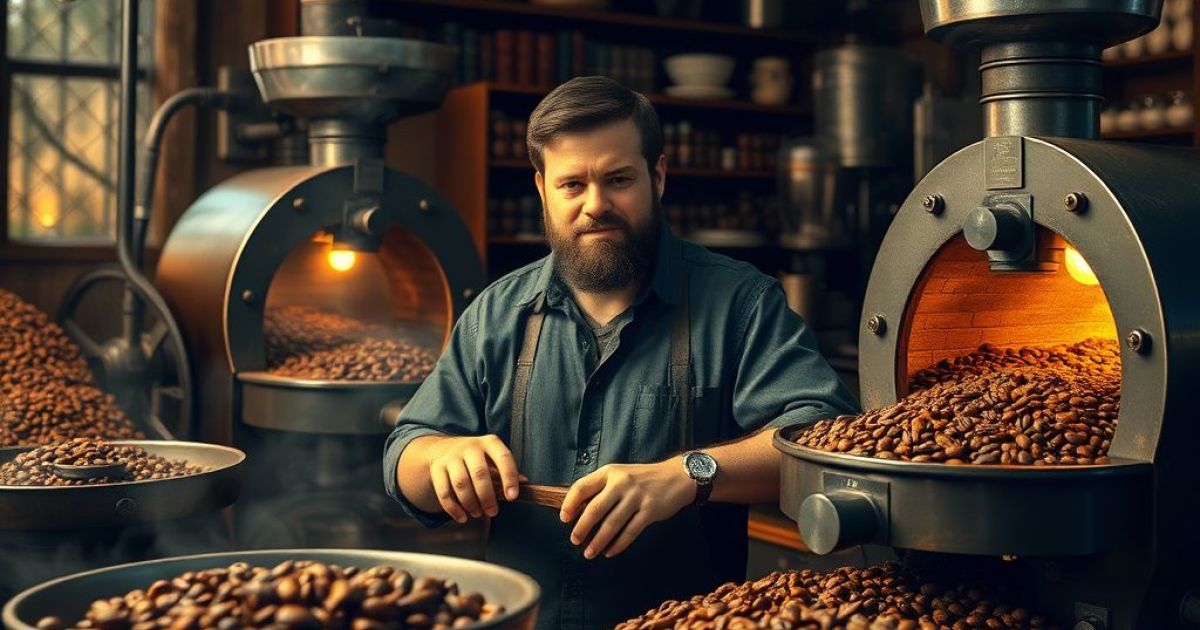 Torréfacteur entouré de four et de gran de café