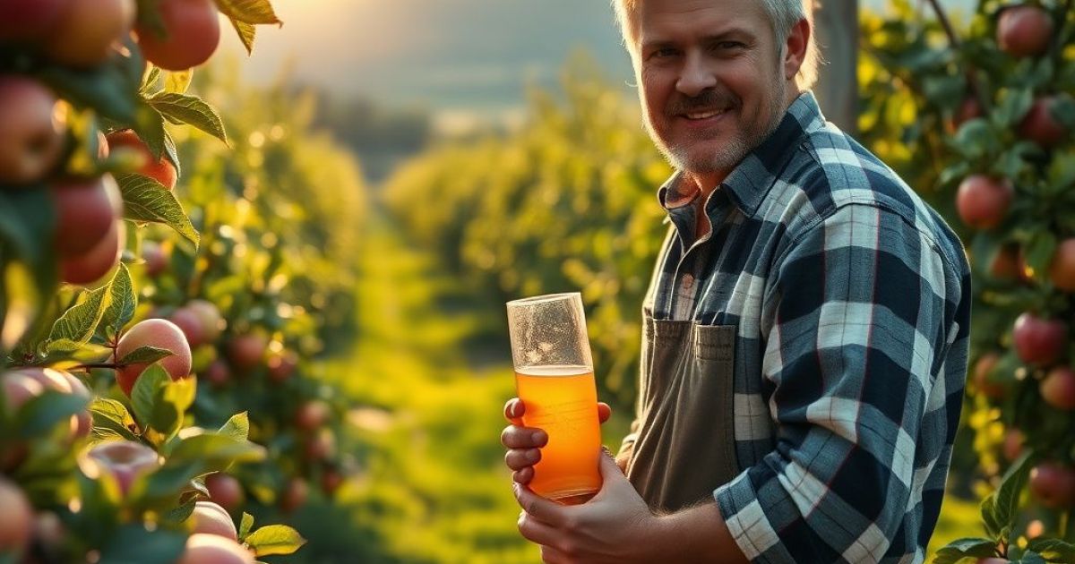 Producteur de cidre dans son champ de pommier. Il tient dans ses mains un verre de son propre cidre
