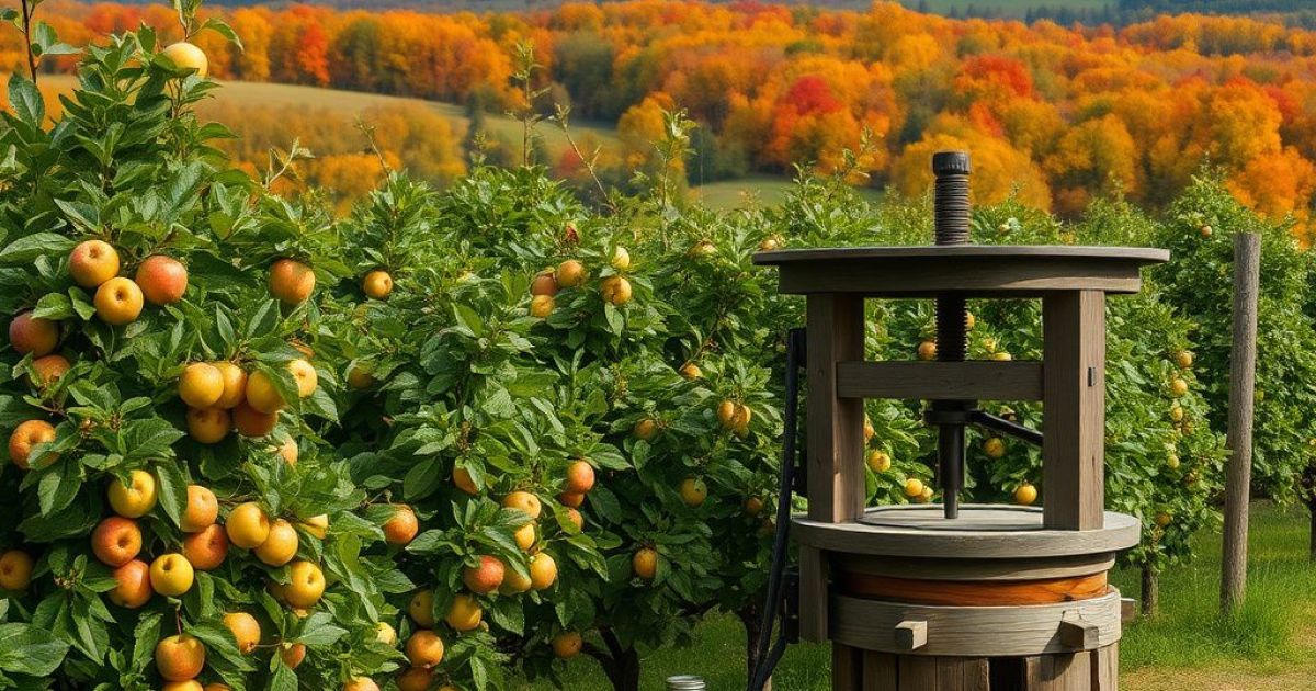 Champ de pommier avec une presse pour en extraire le jus et faire du cidre