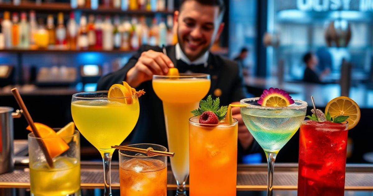 Mixologue dans un bar en train de faire des cocktails différents et colorés.