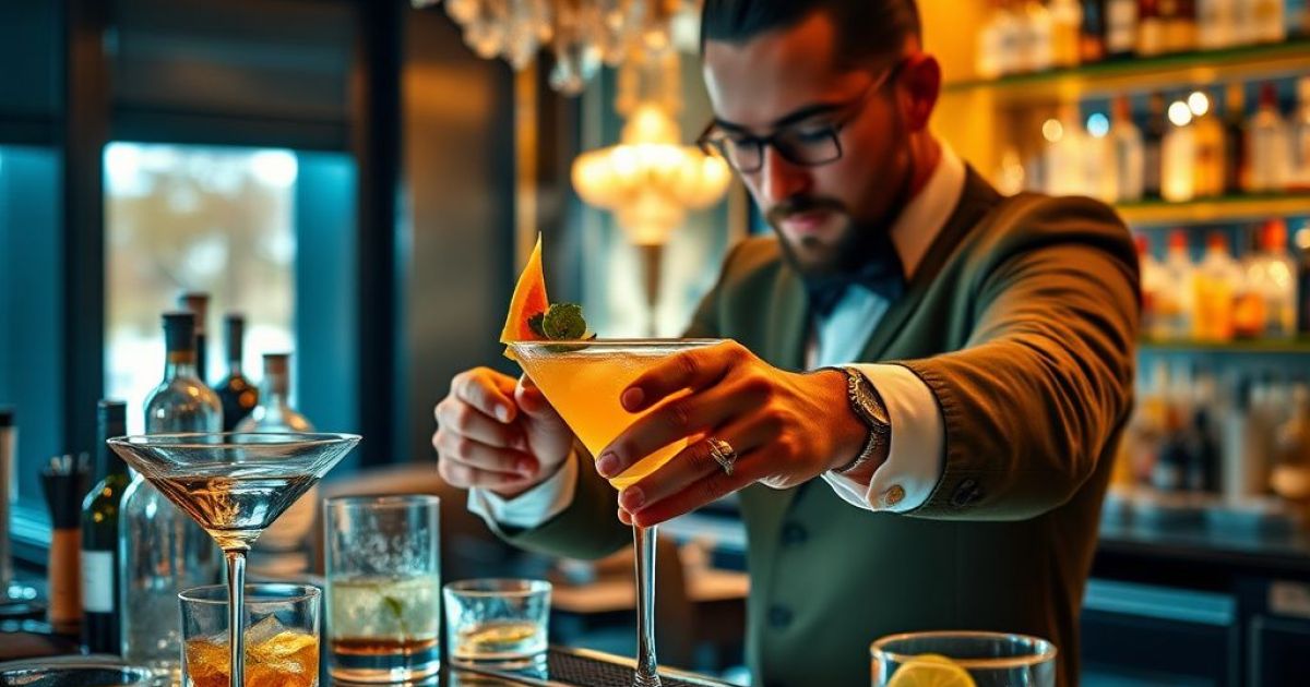 Bar chic avec un barman qui sert un cocktail rafiné 