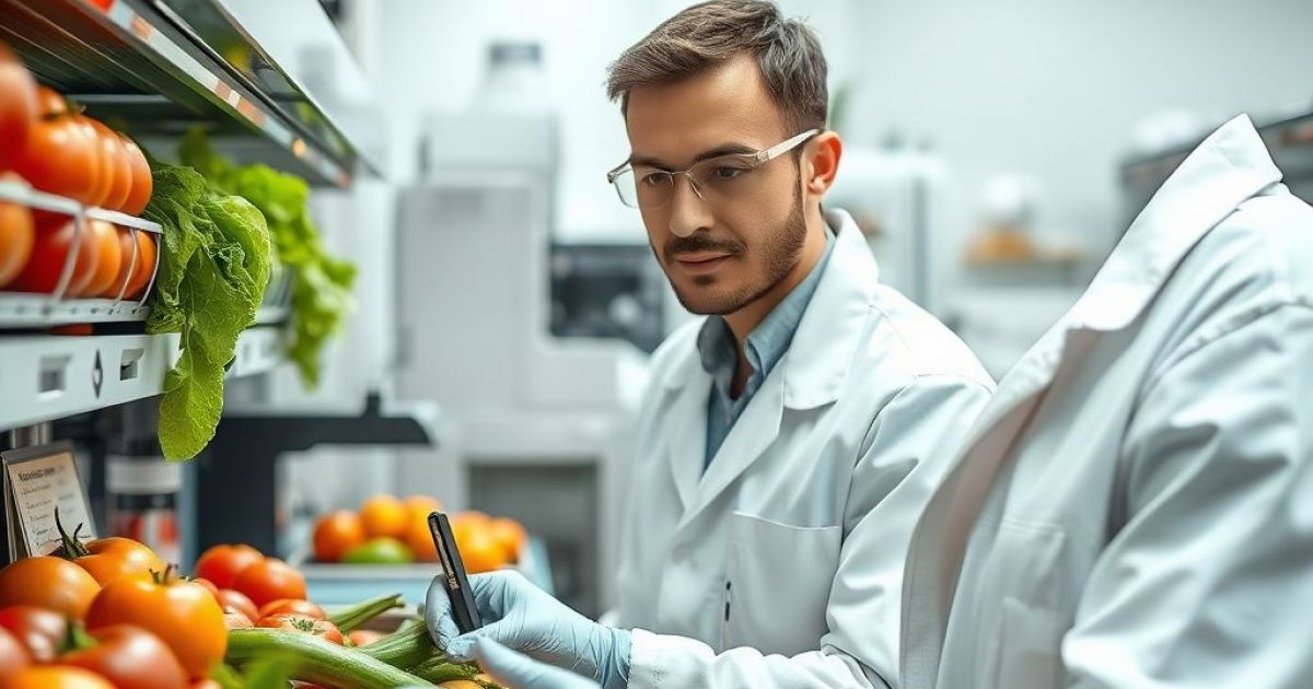 Technicien de qualité alimentaire prenant des notes et contrôlant des légumes