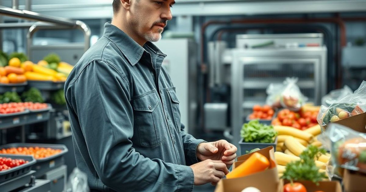 Homme travaillant dans une cuisine avec de nombreux fruits et légumes devant lui