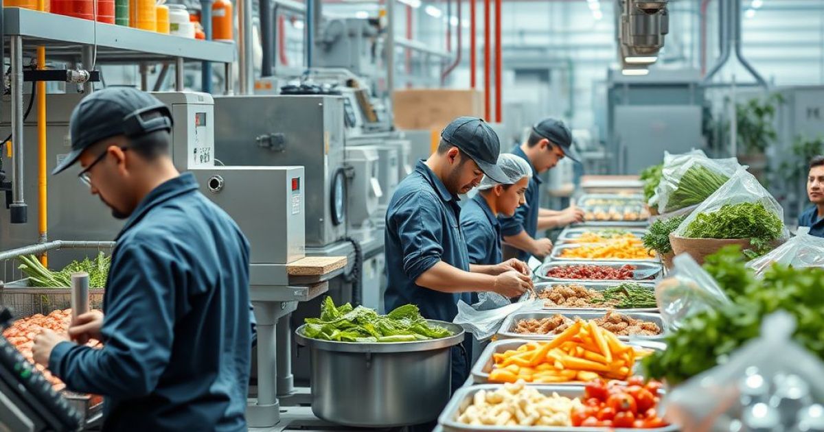 Hommes travaillant sur une unité de production agroalimentaire. Ils cuisinent des grosses quantité avec des légumes