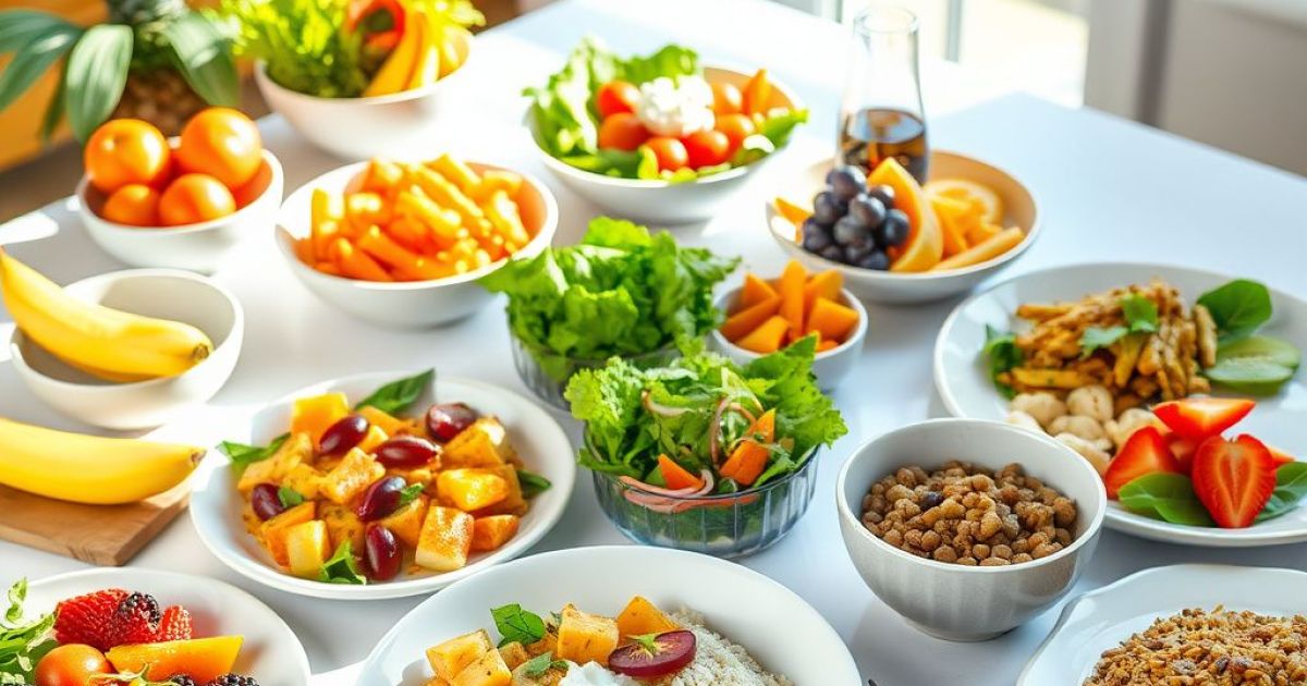 Table avec de nombreux plats et salades contenant des fruits et des légumes.