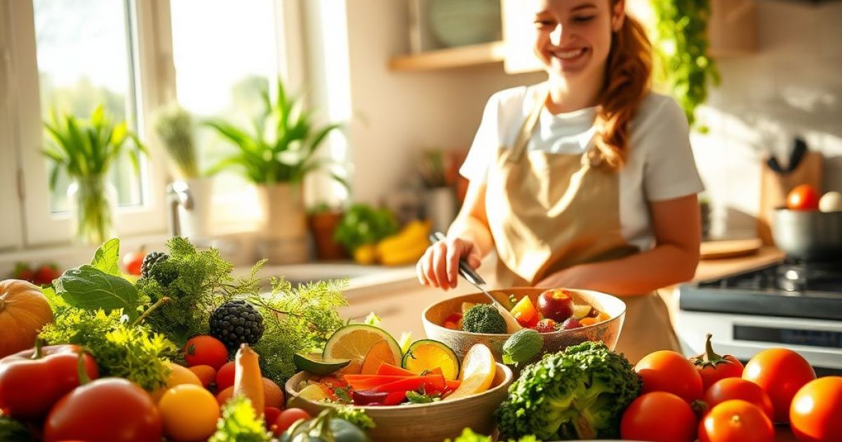 Femme qui cuisine une salade avec de nombreux fruits et légumes