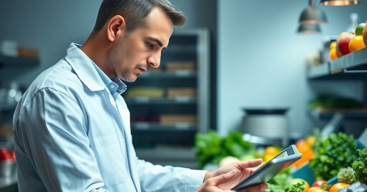Homme dans un supermarché analysant des légumes pour vérifier leur conformité