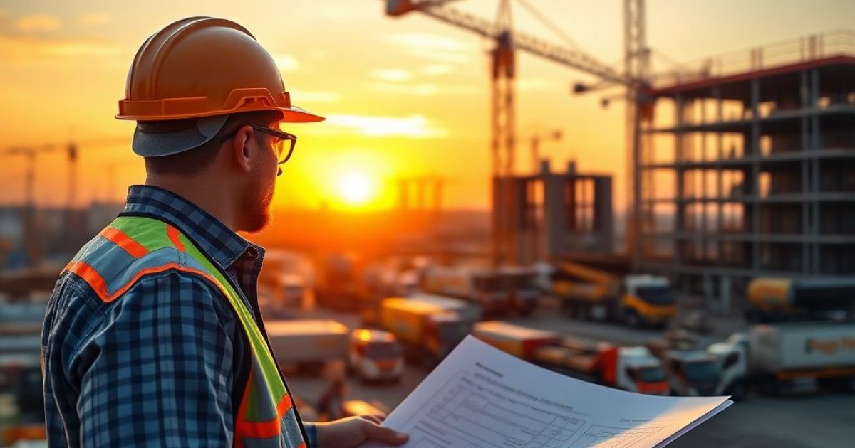 Homme avec un casque de chantier tient un plna dans ses mains et regarde le chantier en face de lui.