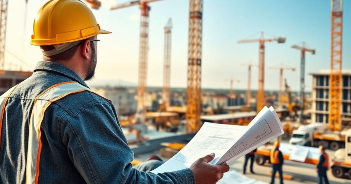 Homme tenant un plan du chantier dans les mains et controle si tout se passe bien sur le chaniter, de nombreux grues sont présentent.