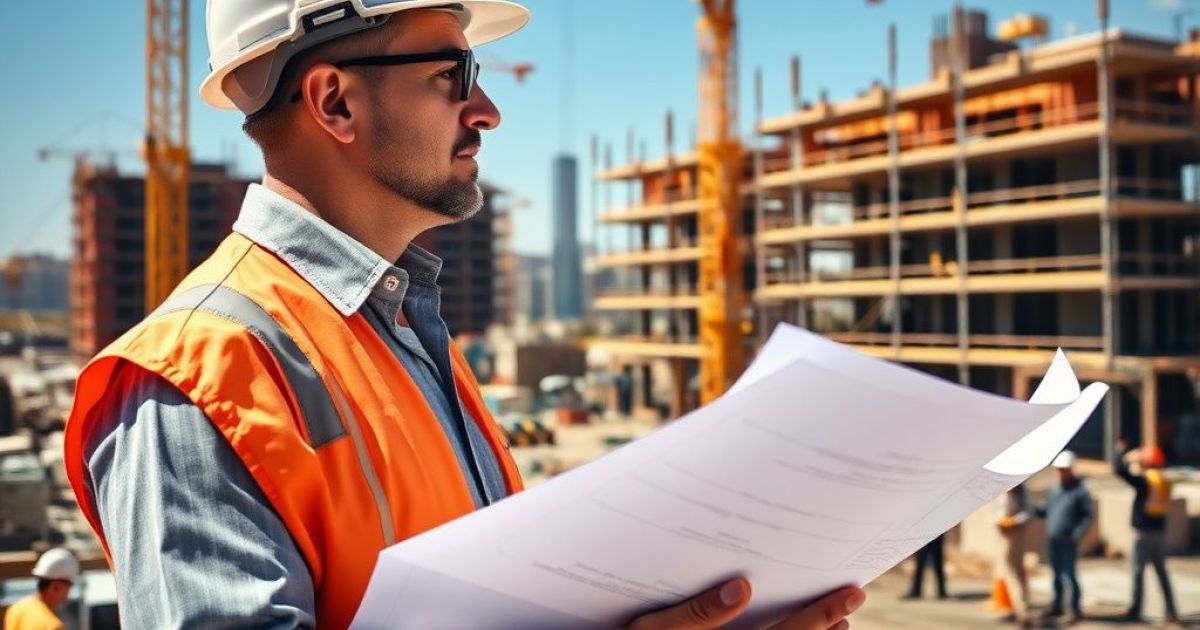 Homme se tenant sur un chantier avec un plan dans les mains. Il analyse l'avancé de la construction