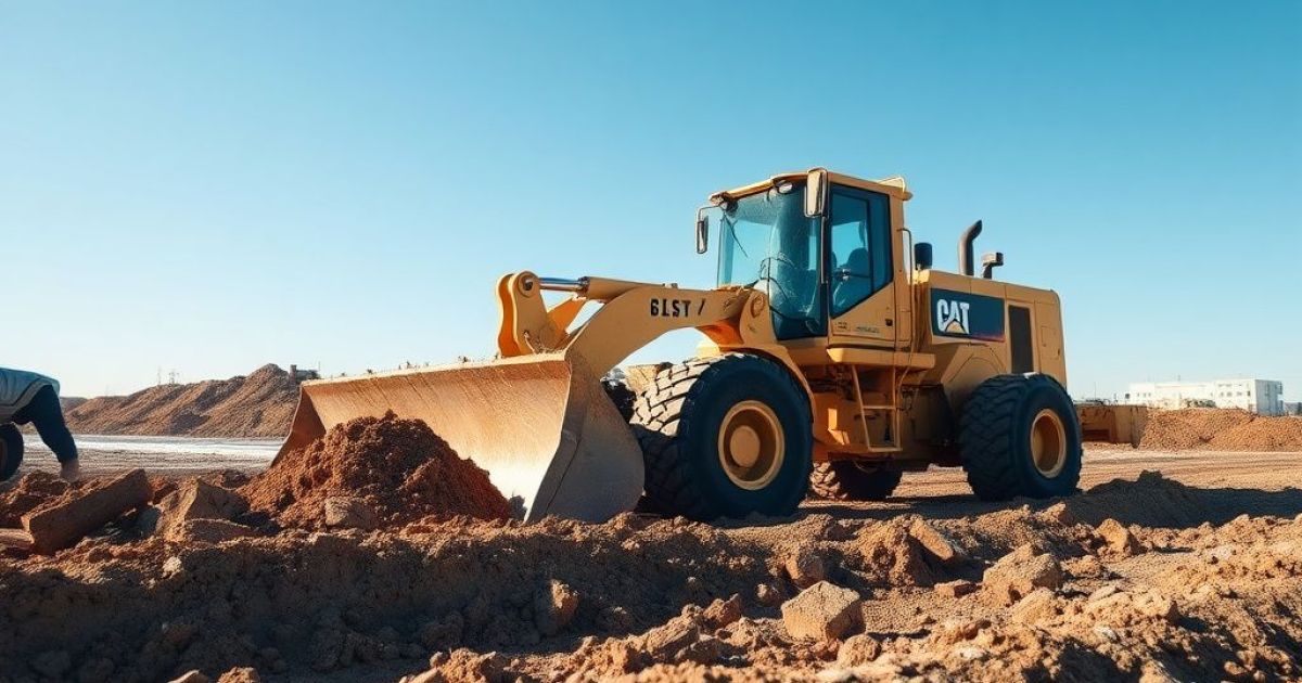 Tractopelle sur un chantier. Il enlève de la terre et des cailloux