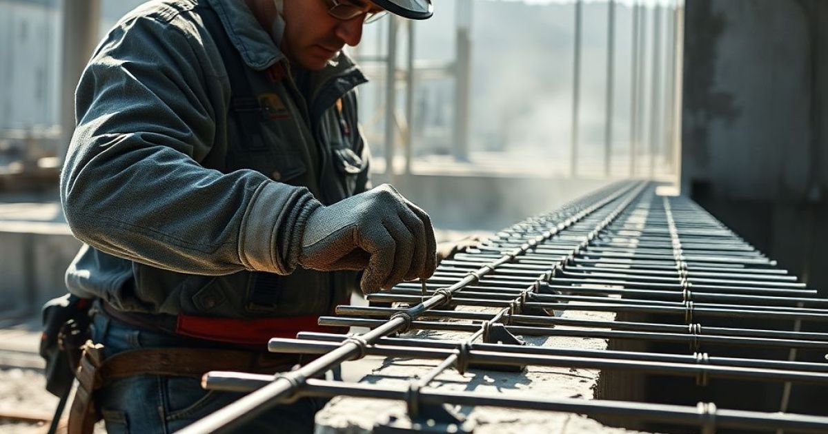 Homme qui fixe une structure métallique sur un chantier