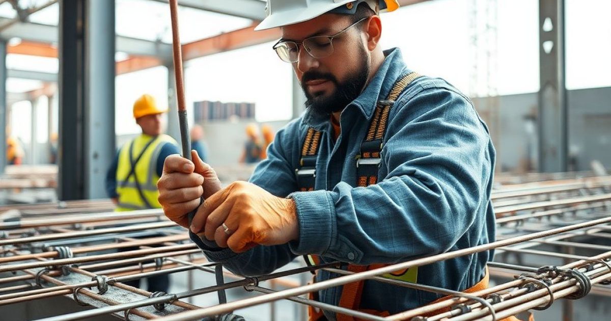 Ouvrier travaillant sur un chantier construit et assemble une structure métallique.