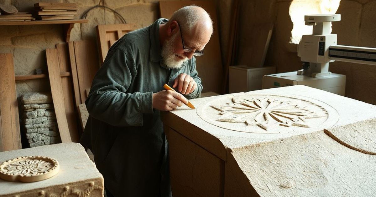 un atelier de pierre avec plusieurs création dont une grosse qui possède des détails minutieux fait par un homme