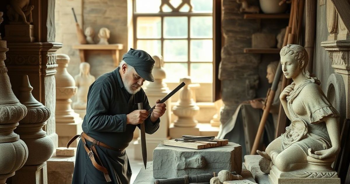 Homme taillant une pierre avec des outils adpatés. Il est dans un atelier avec de nombreuses statues et sculptures autour de lui