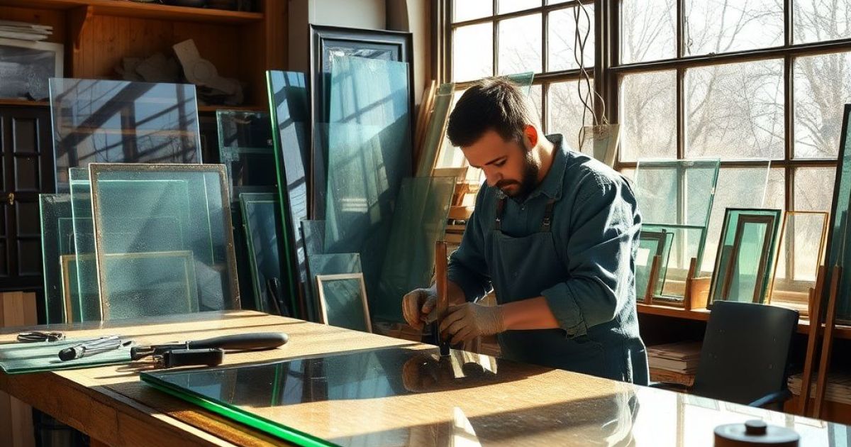 Artisan vitrier travaillant dans son atelier avec plein de verres autour de lui, il coupe un morceau de verre.