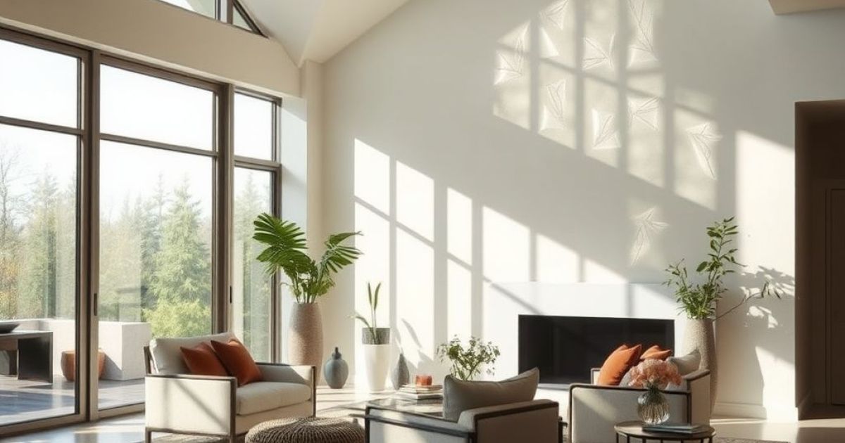 Salon d'une maison avec de très grandes fenêtre donnant sur la terrasse et le jardin
