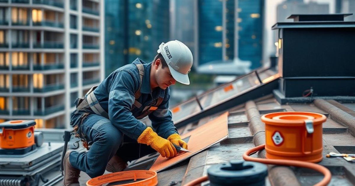 Homme qui travaille sur un toit. Il est en train de fixer et de faire toute l'étanchéité du toit de la maison.