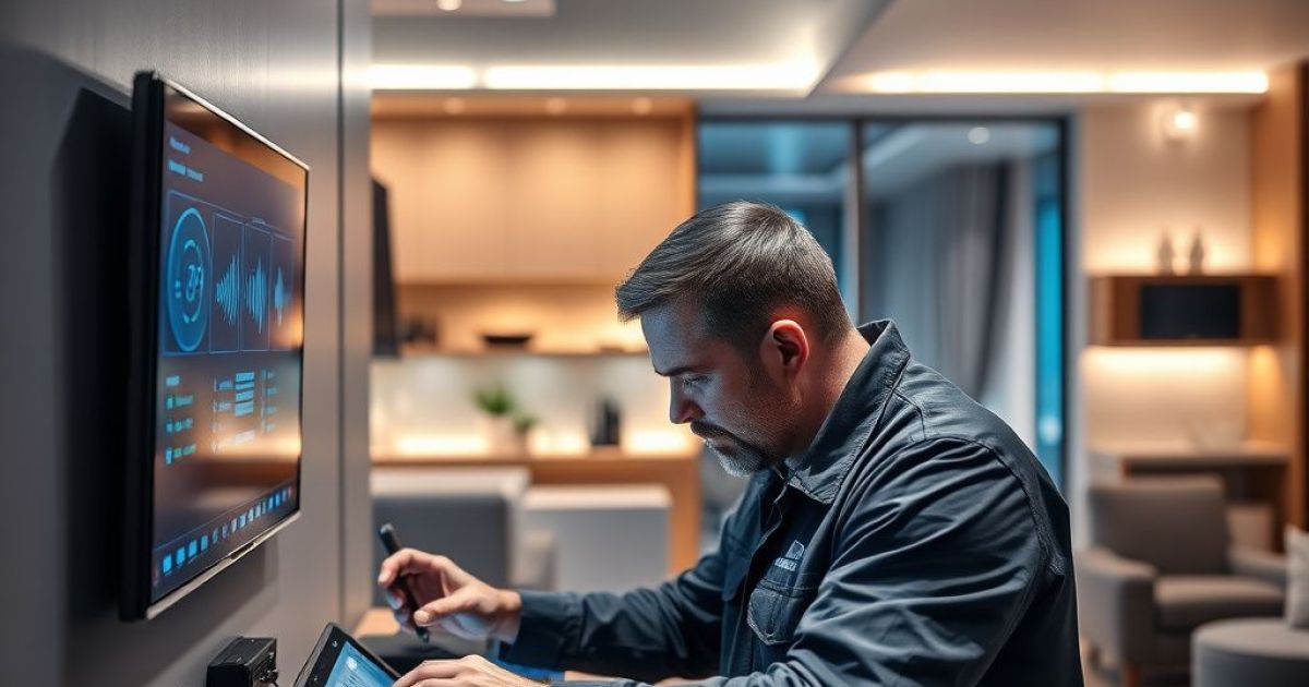 Technicien qui regarde des informations sur sa tablette pour pouvoir procéder aux réglages des équipements de la maison