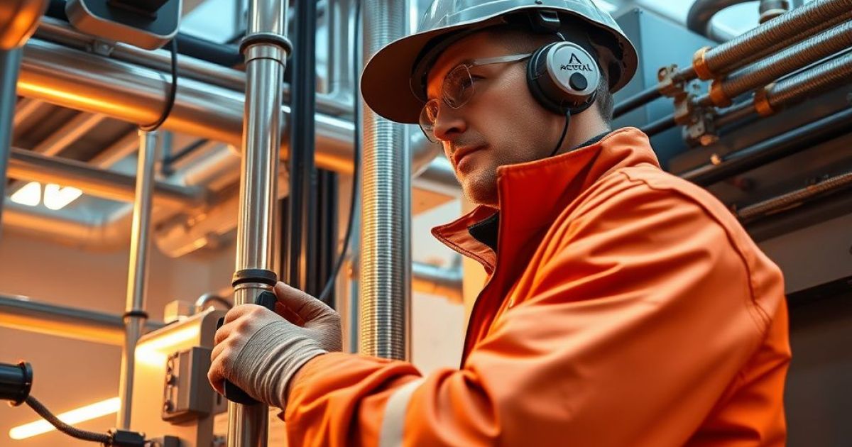 Homme avec une veste orange en train de faire de la maintenance sur une installation thermique.