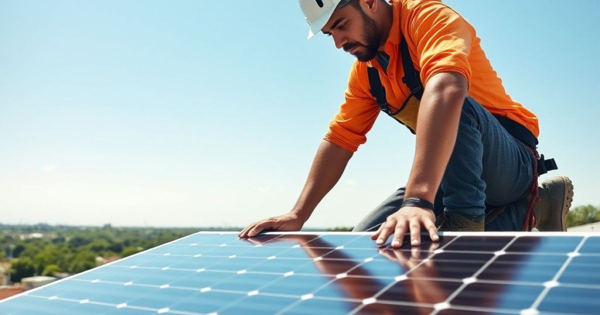 Homme vérifiant la pose des panneaux photovoltaïques sur un toit.