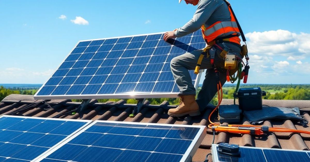Homme en tenue de travail qui pose des panneaux photovoltaïque sur un toit de maison.