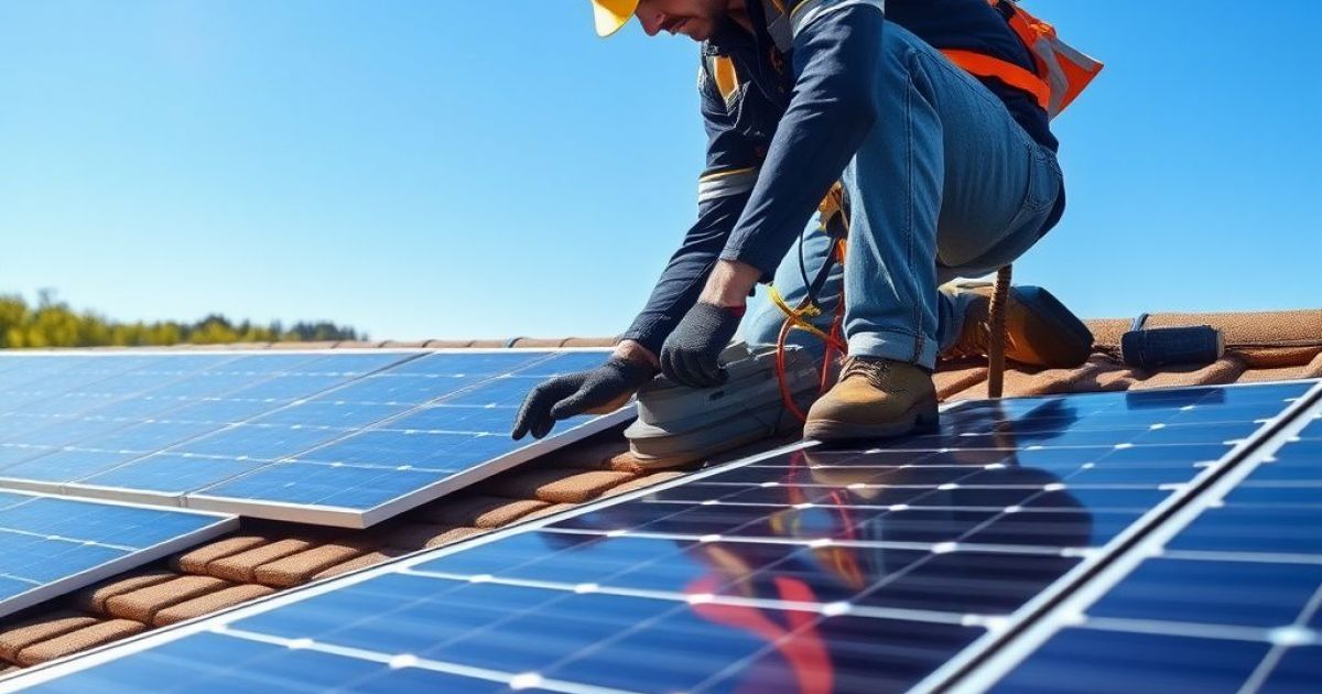 Homme fixant des panneaux photovoltaïques sur un toit.