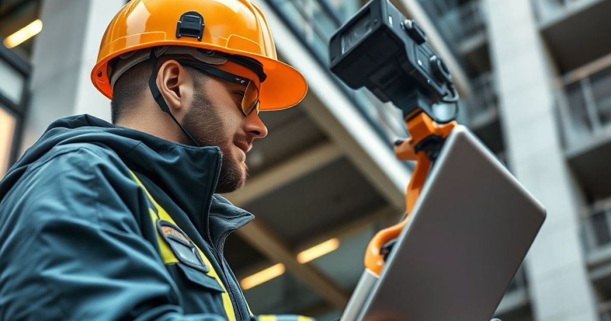 Homme sur un chantier avec un casque de sécurité et un appareil pour récupérer des données
