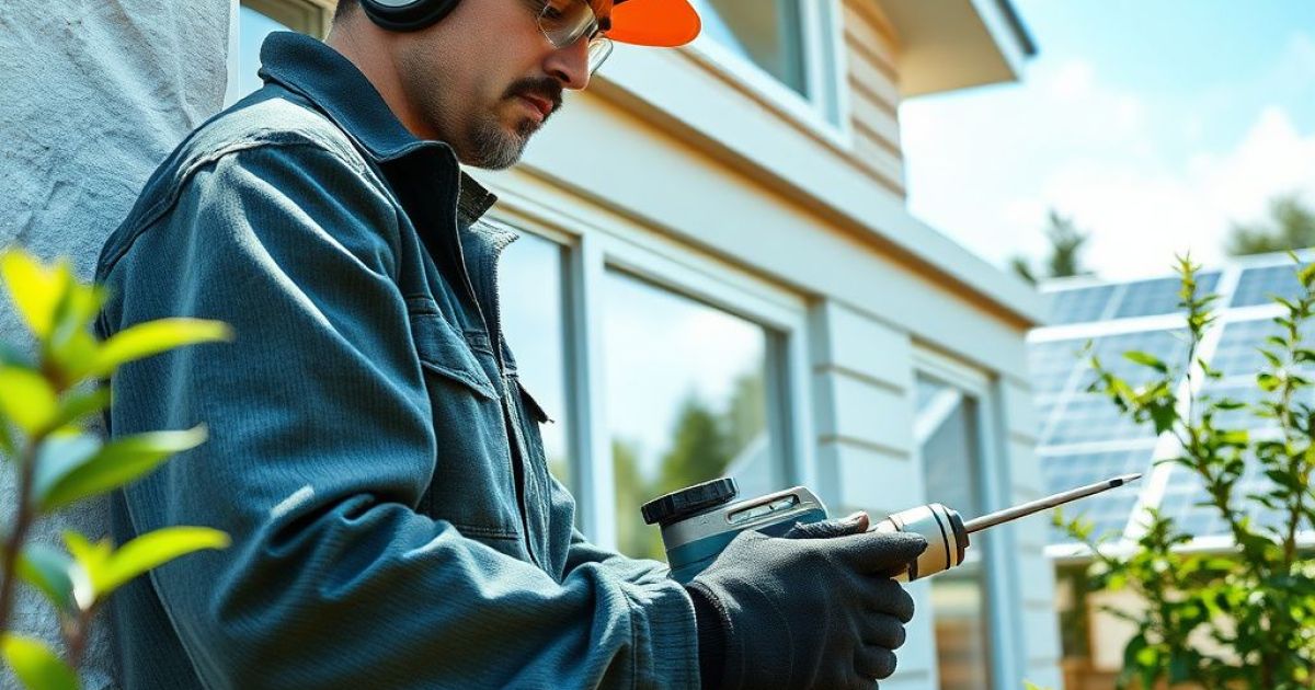 Technicien avec une sonde dans les mains pour calculer le bilan énergétique d'une maison