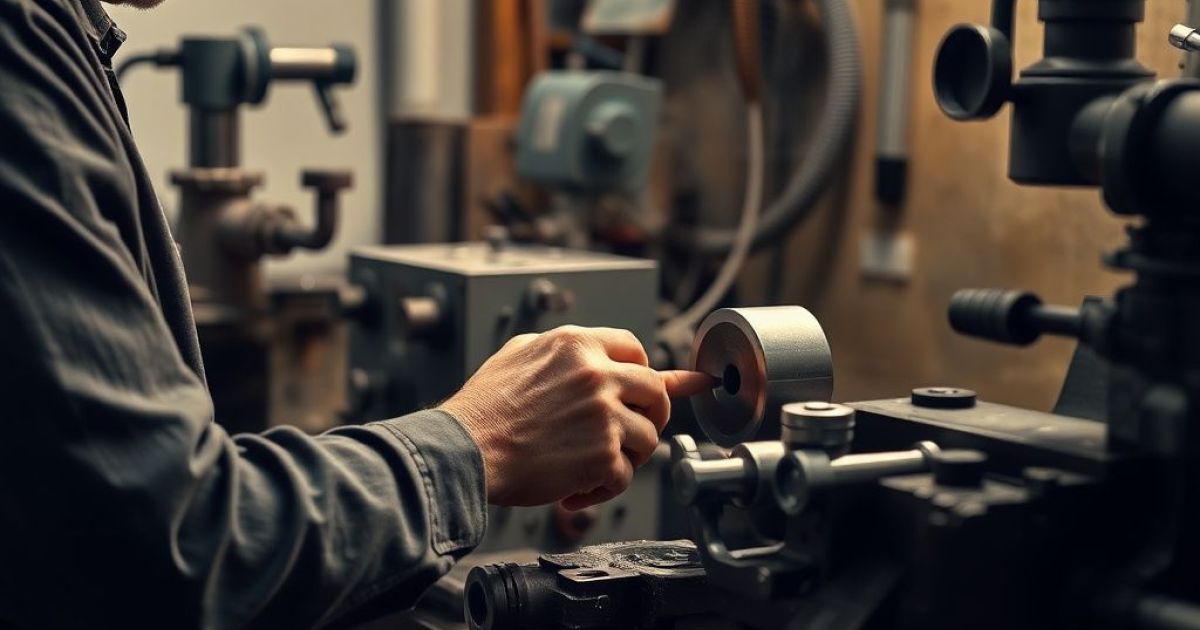 Ouvrier changeant une fraise sur sa machine afin de polir une pièce métallique