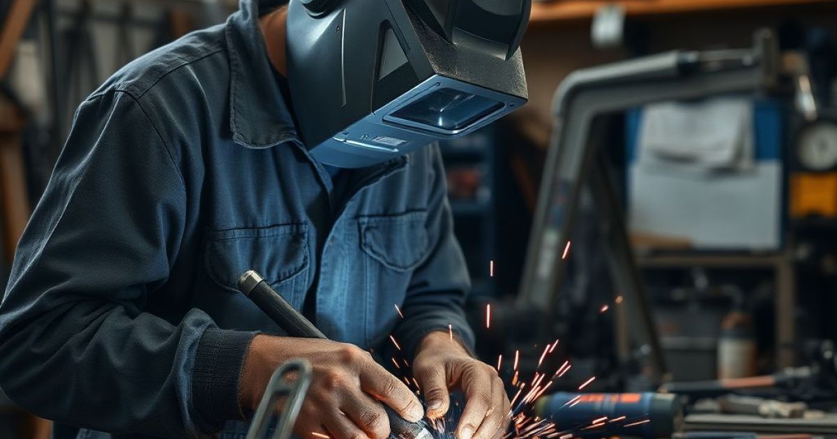 Personne dans un atelier avec un habit de protection et un casque qui lui évite de prendre des projectiles et des étincelles