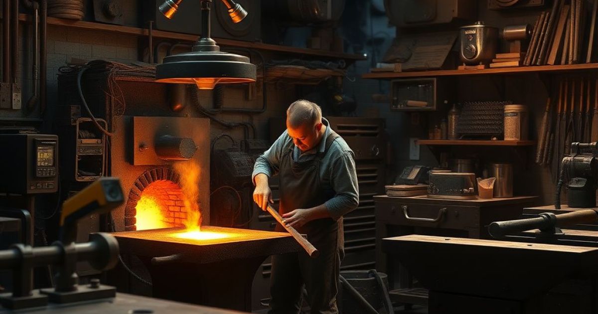 Artisan dans son atelier travaillant une pièce de fer. Il lui donne la forme et la travaille à la sortie du four.