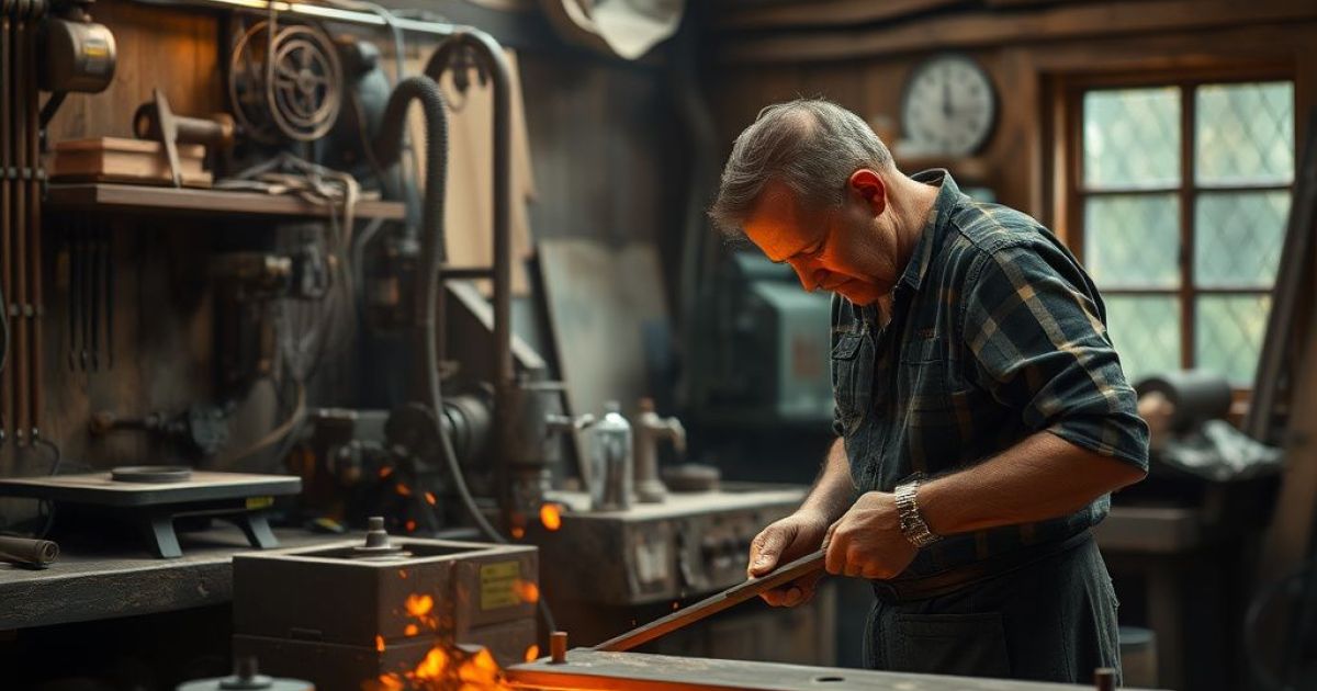 Forgeron dans son atelier qui analyse une pièce en fer pour pouvoir fabriquer quelque chose.