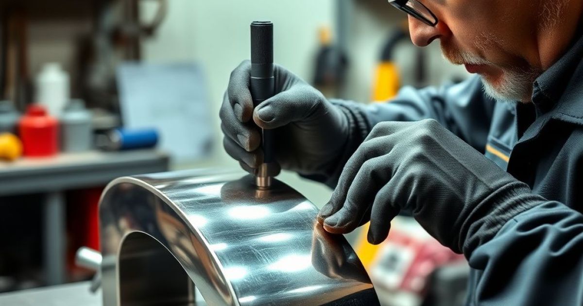 Ouvrier dans un atelier qui travaille sur une pièce de métal. Il polit avec un outil