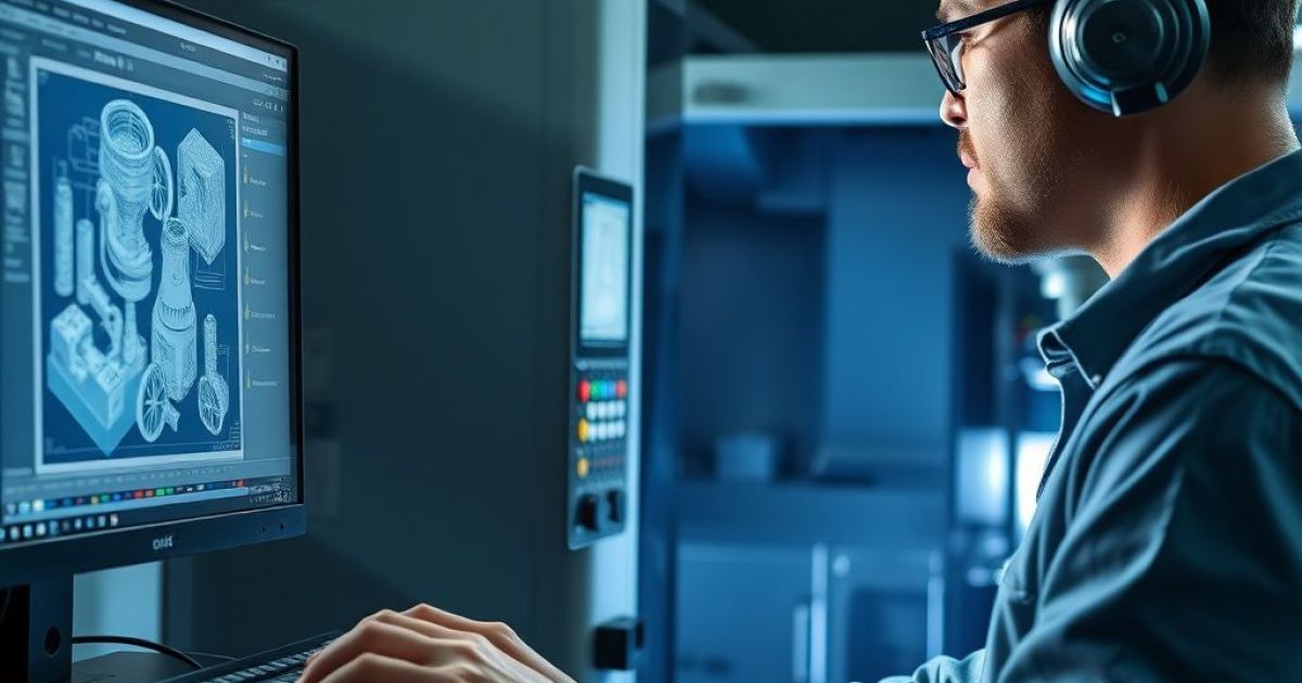 Programmeur qui travaille sur un projet de fabrication d'une pièce industrielle. Il programme la machine pour réaliser cette création.
