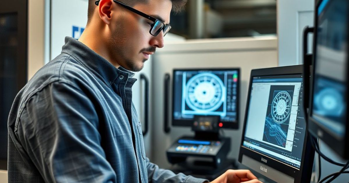 Programmeur qui travaille sur un projet sur son ordinateur. Il règle et controle une machine à distance.