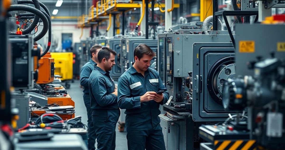 Ouvriers vérifiant les machines d'une usine afin de prévoir les différentes maintenance à faire et de voir si il y a des défaillances ou non;