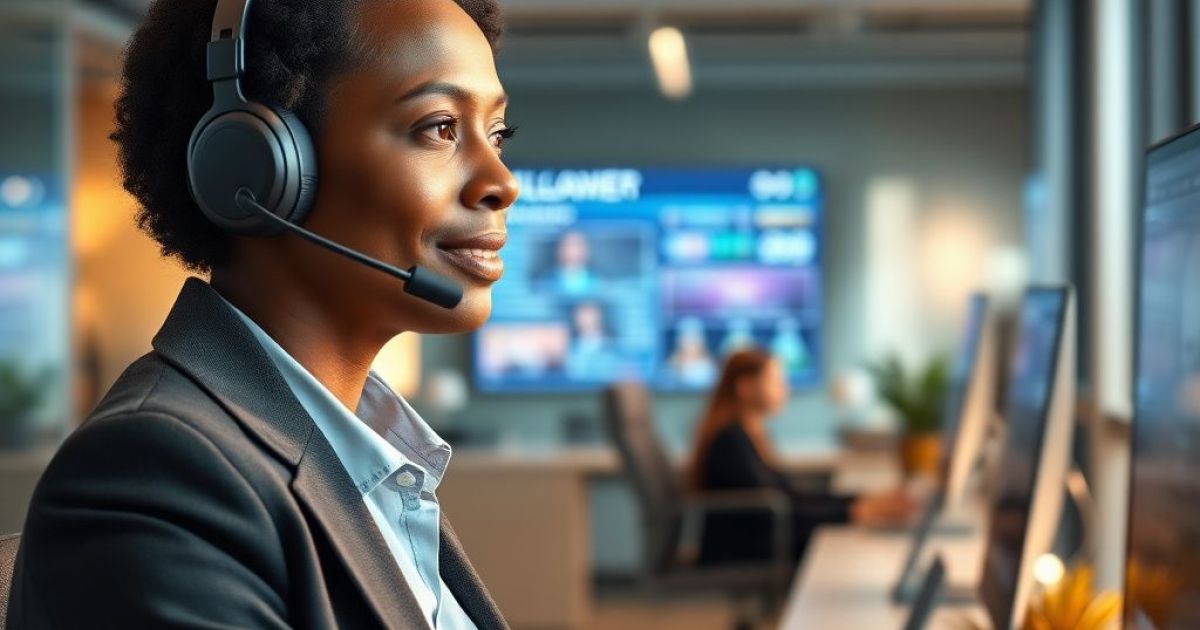 Conseillère clientèle à son poste avec un casque et un micro pour pouvoir communiquer avec les clients.